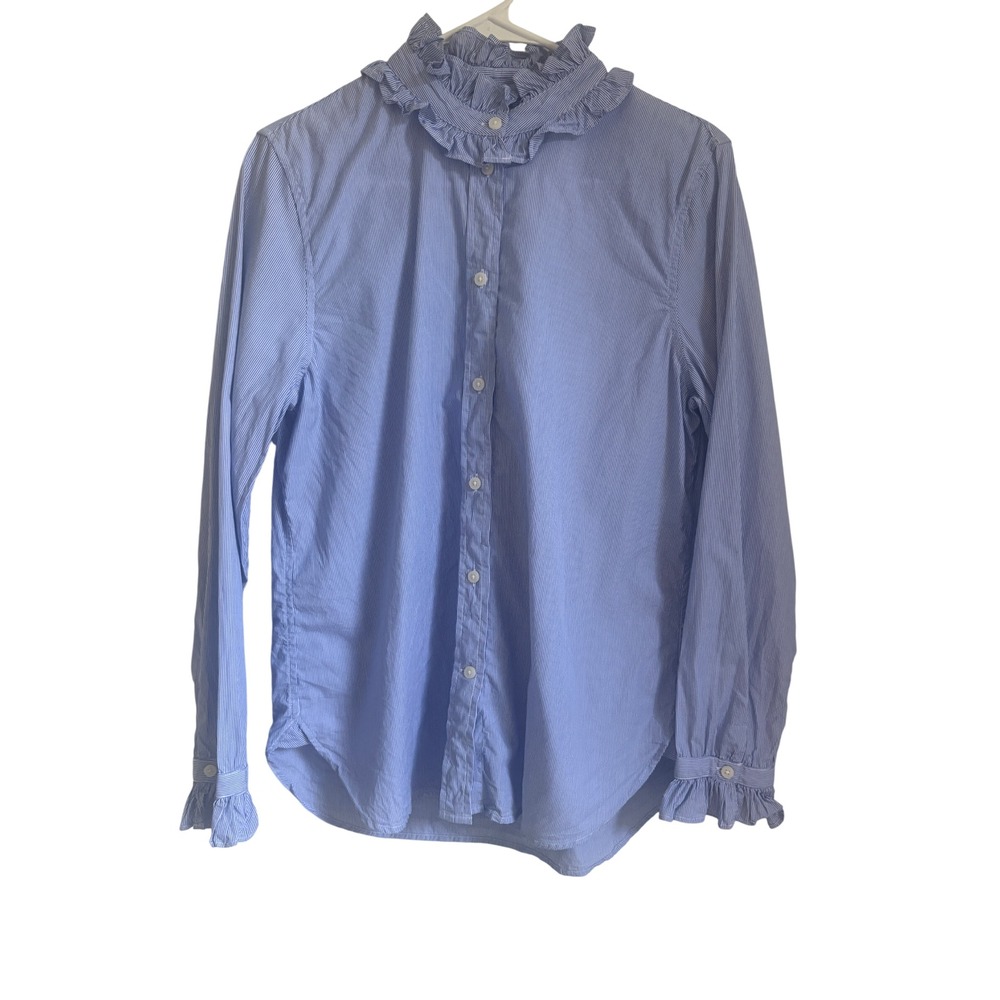 J.Crew Blue White Striped Ruffle Neck Classic Fit Button Down Shirt Size 10